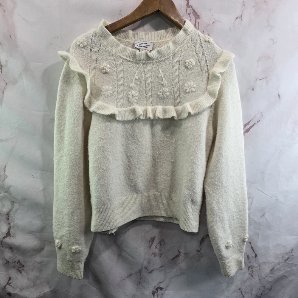 & Other Stories Sweater Womens Medium Wool Mock Ruffle Flower Oversized Coquette